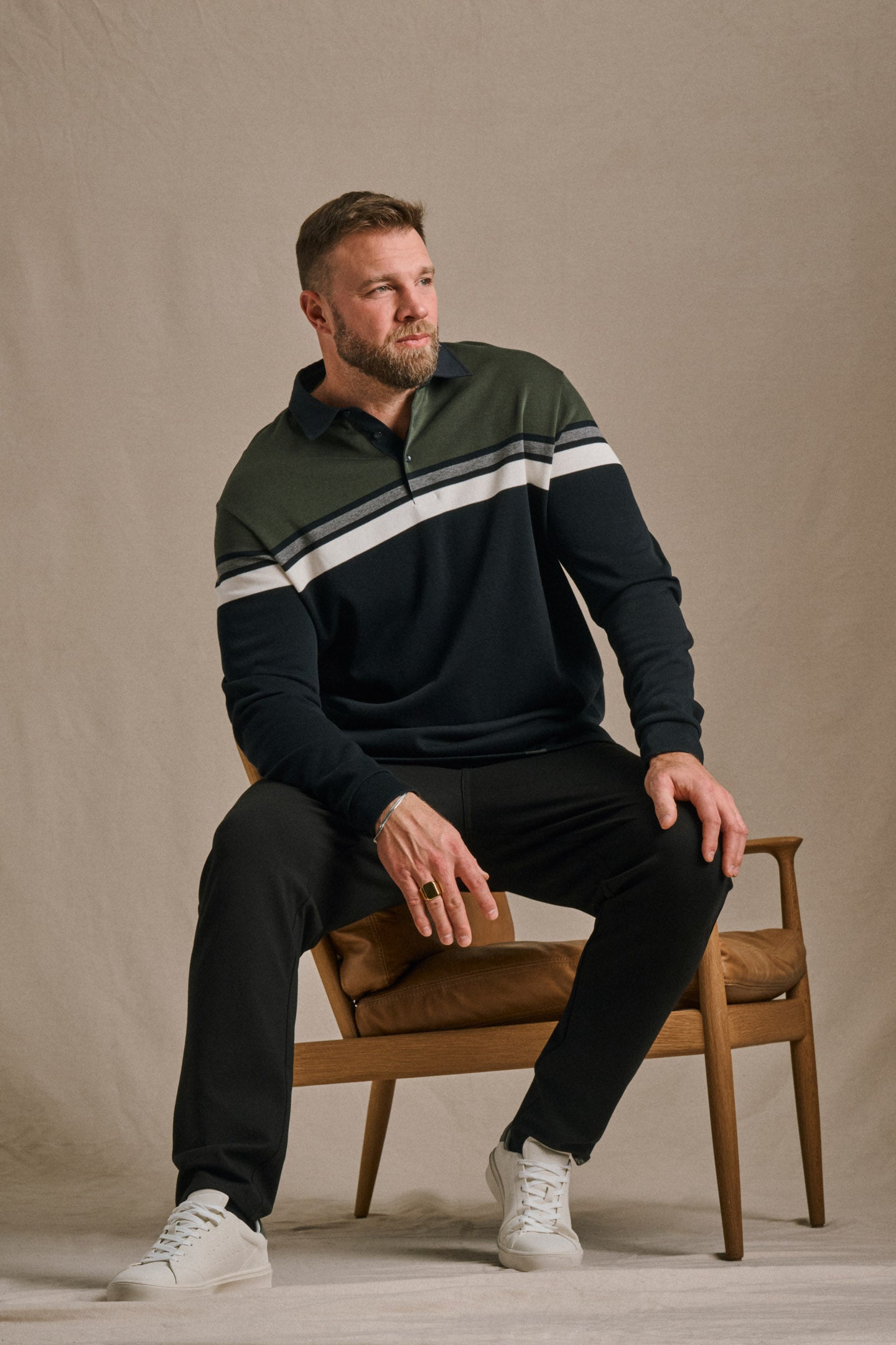 Knit Long Sleeve Polo - Green/Navy | Mens Polo Shirts