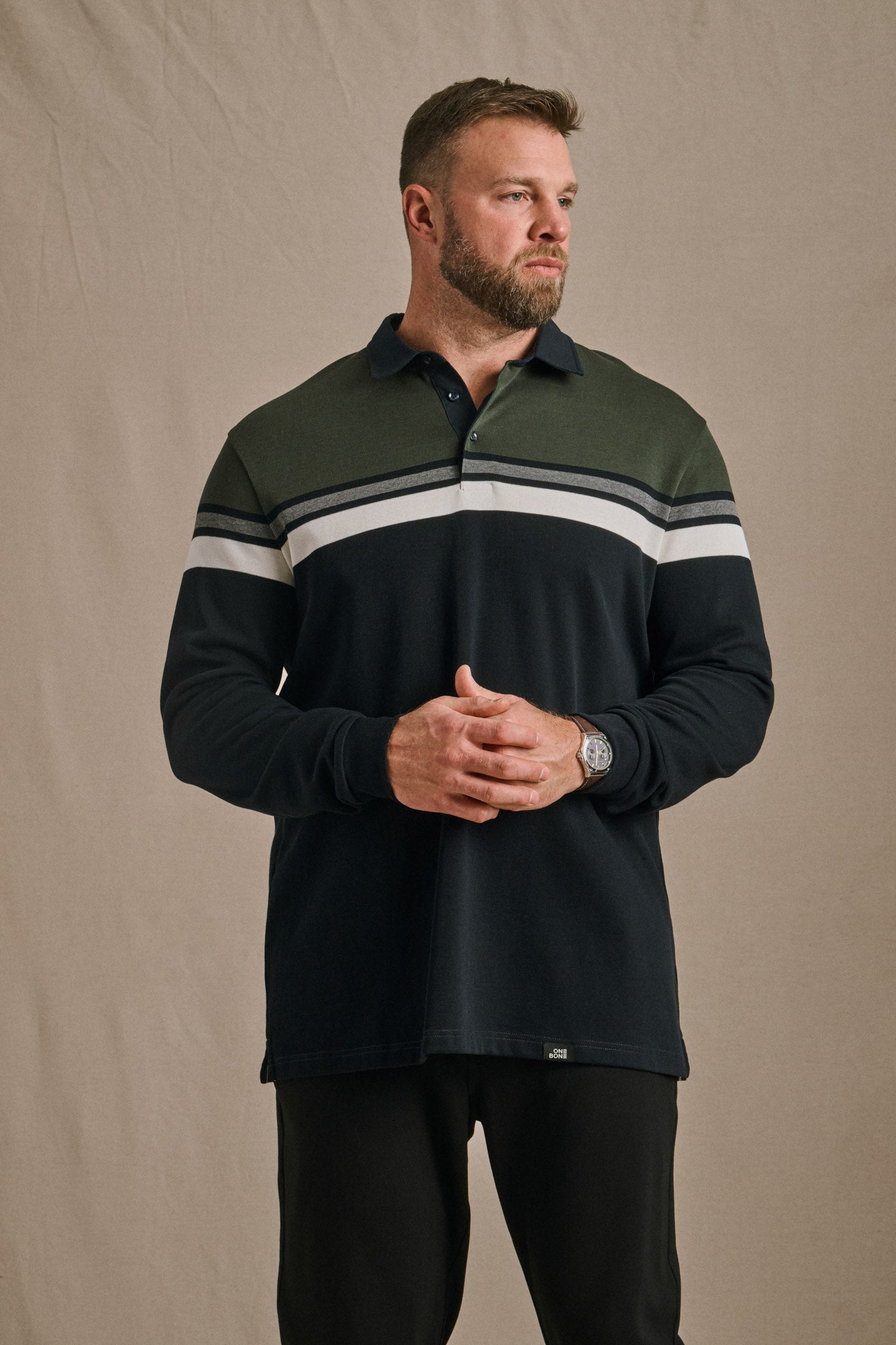 Knit Long Sleeve Polo - Green/Navy | Mens Polo Shirts | One Bone