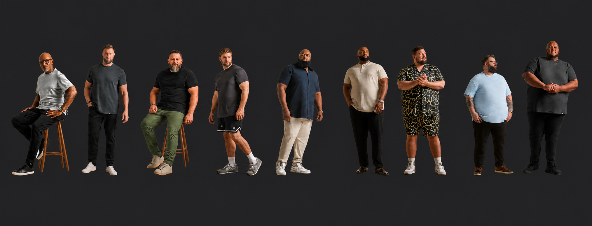 Nine ONE BONE customers with different heights, weights and body shapes