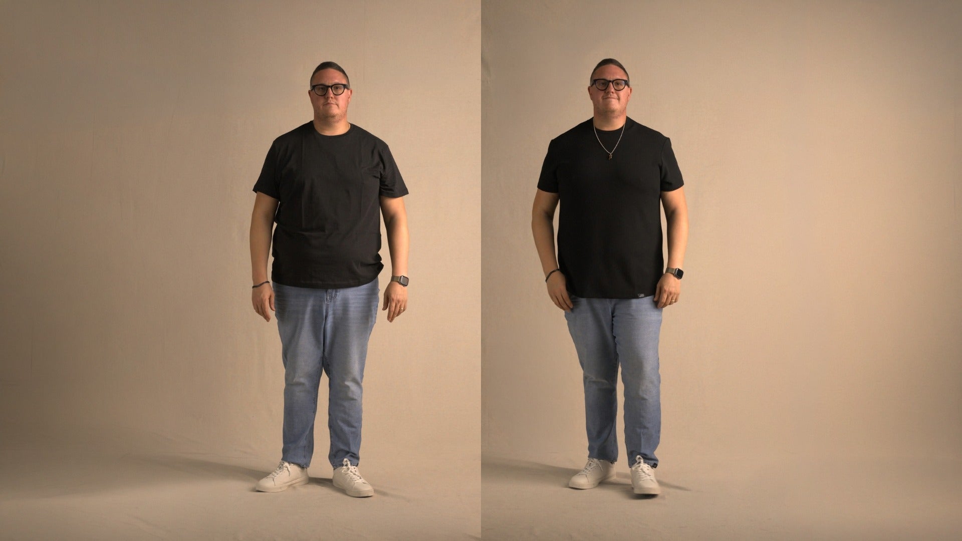 Side-by-side views of a man wearing black tees and jeans